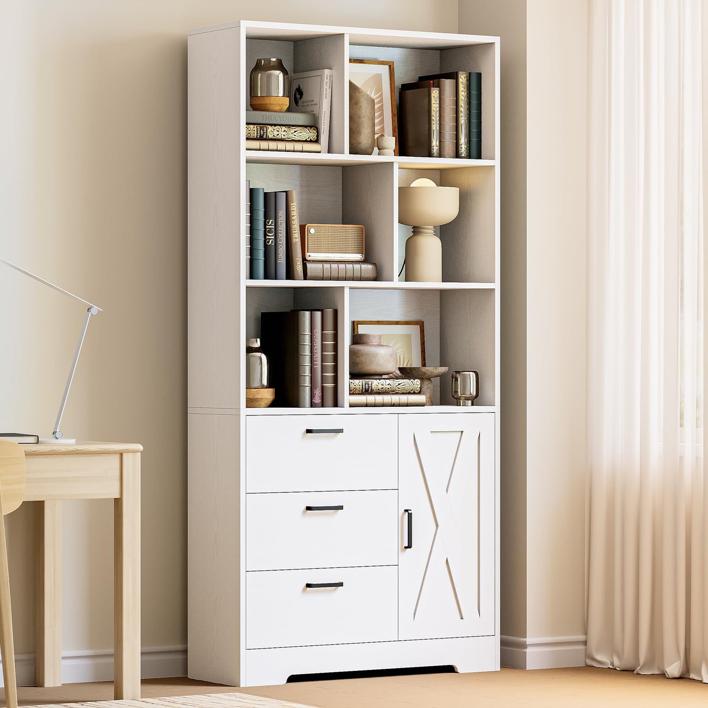 IRONCK Book Shelf with Doors and 3 Drawers 6-Tier Tall Bookcase 70.9 Inch with Storage Modern Bookshelf with 6 Open Cubes for Home Office, Living Room