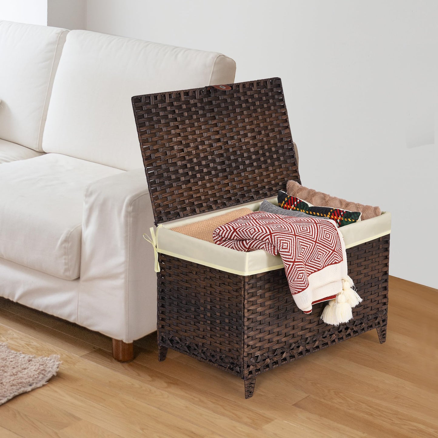 Honjourai Wicker Storage Basket with Lid,Rattan Shelf Basket with Removable Liner Bag,160L Storage Bin,Storage Trunk with Heightened Feet,Storage Container for Wardrobe,Home Organizer