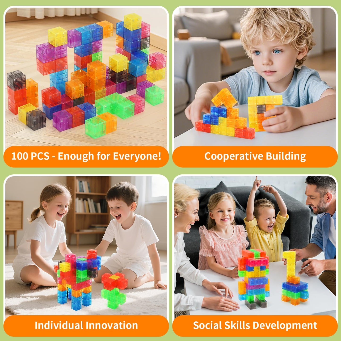 BananMelonBM 100 PCS Magnetic Blocks - Transparent Rainbow Magnetic Cubes Building Toys for Kids Ages 1-3 2-4 4-8, STEM Learning Preschool Educational Sensory Magnet Toys for Boys Girls