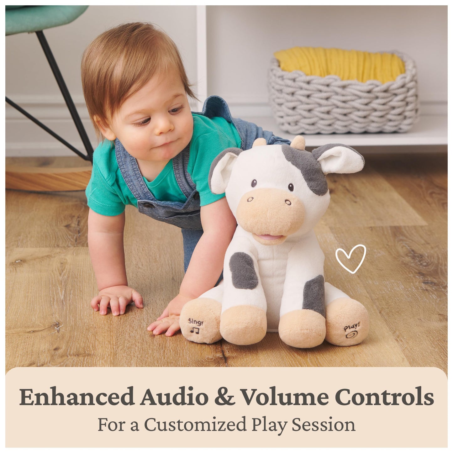 GUND Baby Buttermilk the Cow Animated Plush, Singing Stuffed Animal Sensory Toy, Sings Old Macdonald and Teaches Animal Sounds, Cream/Grey, 12”