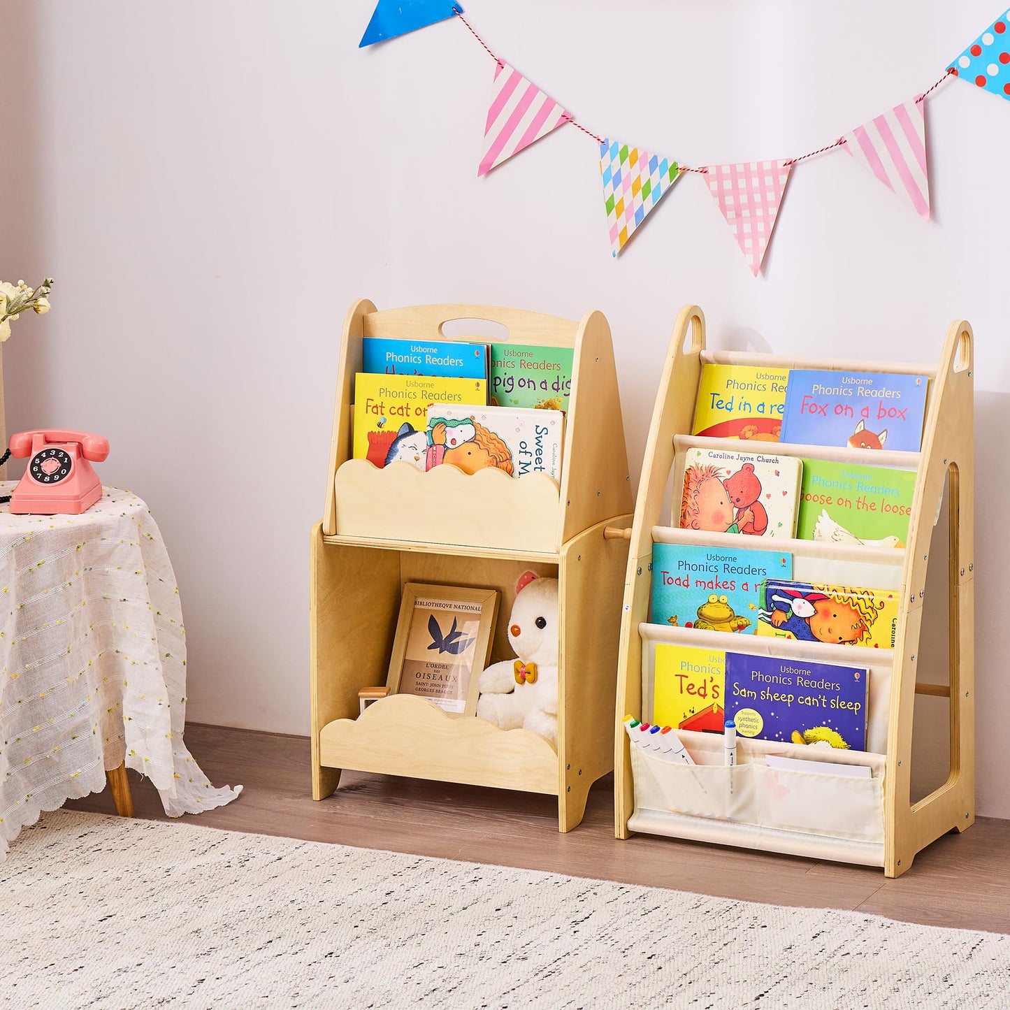 JooKiddie Kids Bookshelf and Toy Storage, 5-Tier Sling Toddler Bookshelf, 3Pcs Modular Wooden Book and Toy Storage Organizer, Children Bookcase for Kids Room Playroom Nursery