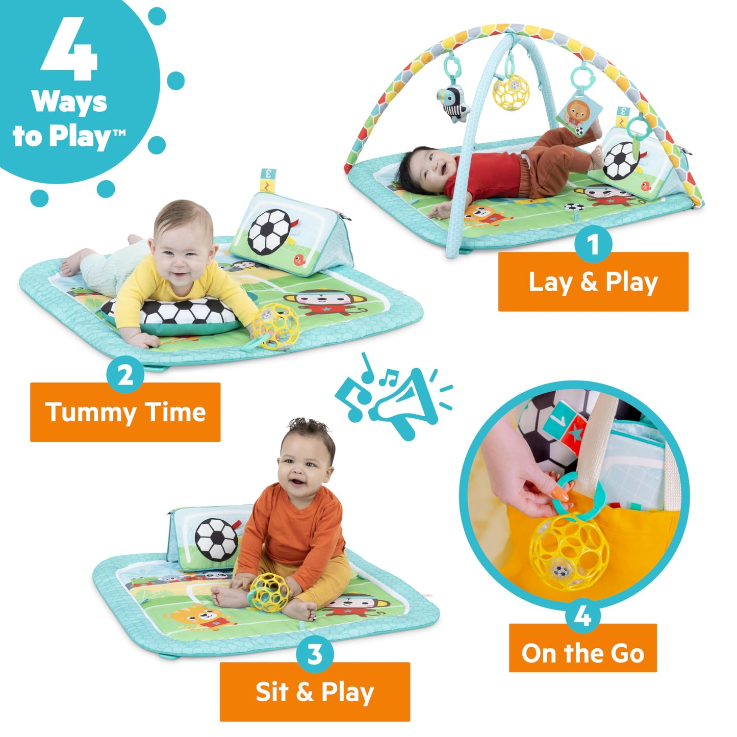 Bright Starts Grip & Kick Oball Activity Gym, Soccer Theme with Easy-Grasp Baby Toys, Baby Play Gym, Kick Pad with Activated Lights & Tummy Time Pillow, Unisex, Newborn+