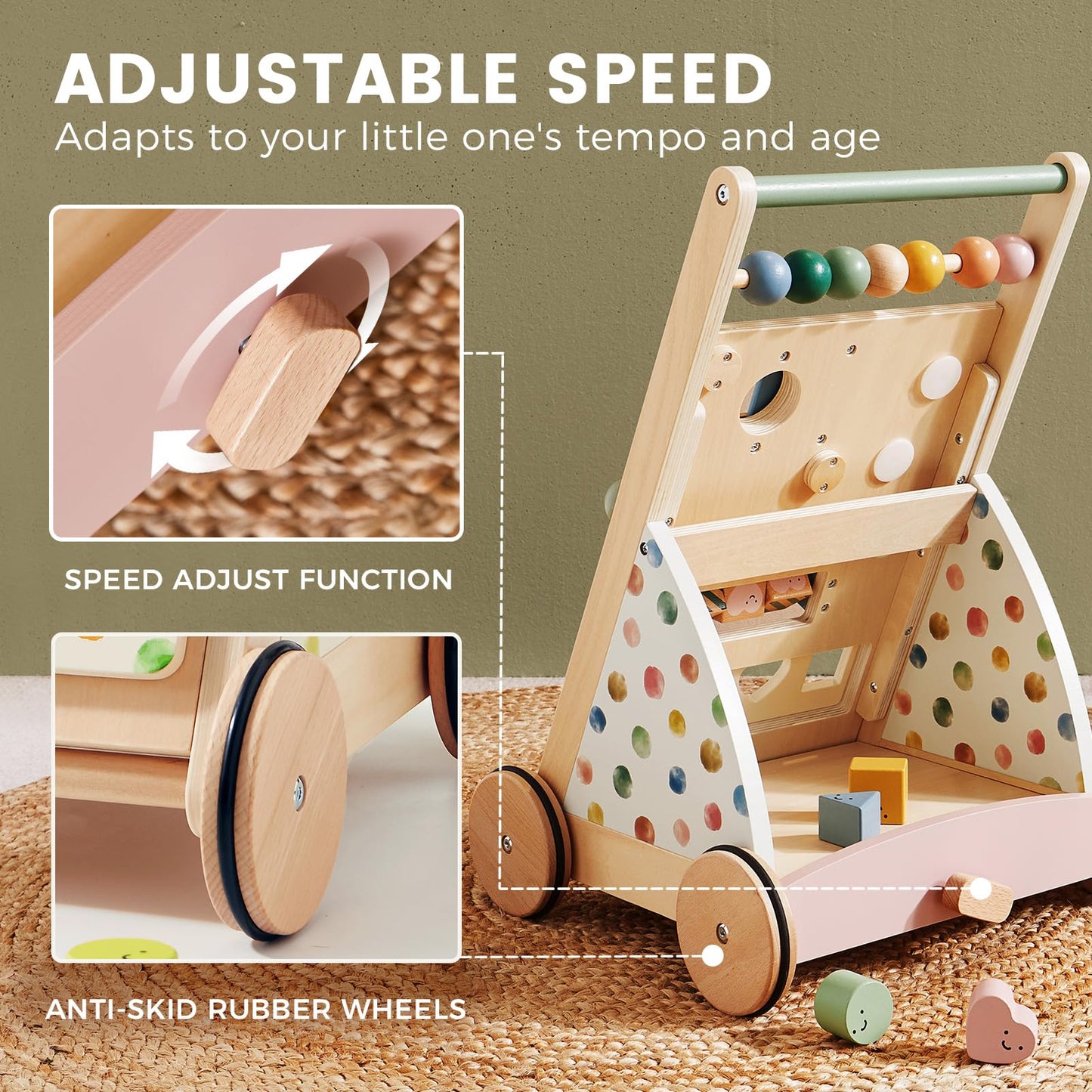 Tiny Land Wooden Baby Walker with Adjustable Speed, Montessori Activity Push Walker Toy for Toddlers, Baby Gift Parents Love for Boys & Girls(Morandi)