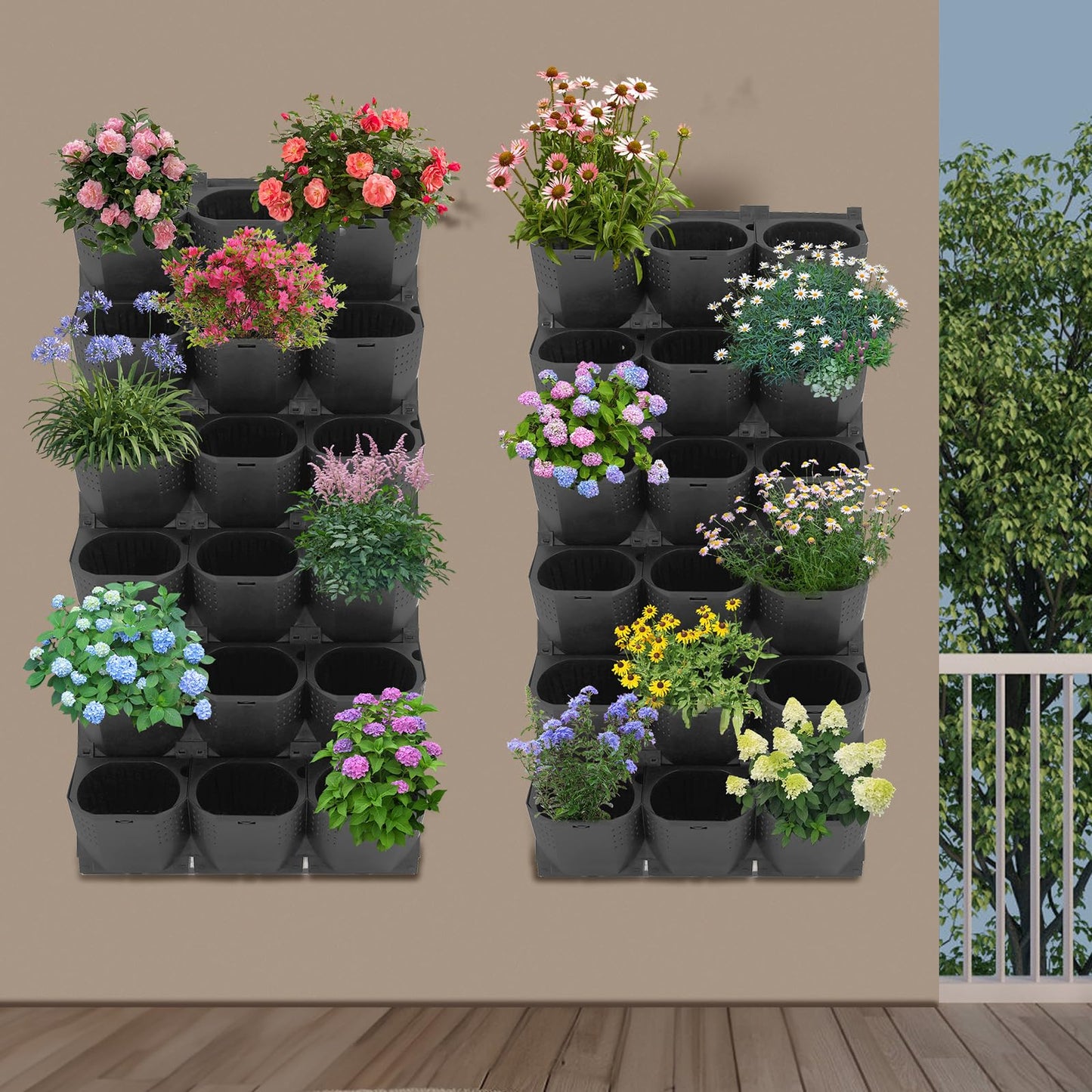 REBaiYU Wall Mounted Planter with 36 Pots,Built-in Water Reservoir & Aeration Holes, 180LBS Load Capacity, Snap-On Design for Indoor/Outdoor Flowers, Vegetables, Grass (Black)