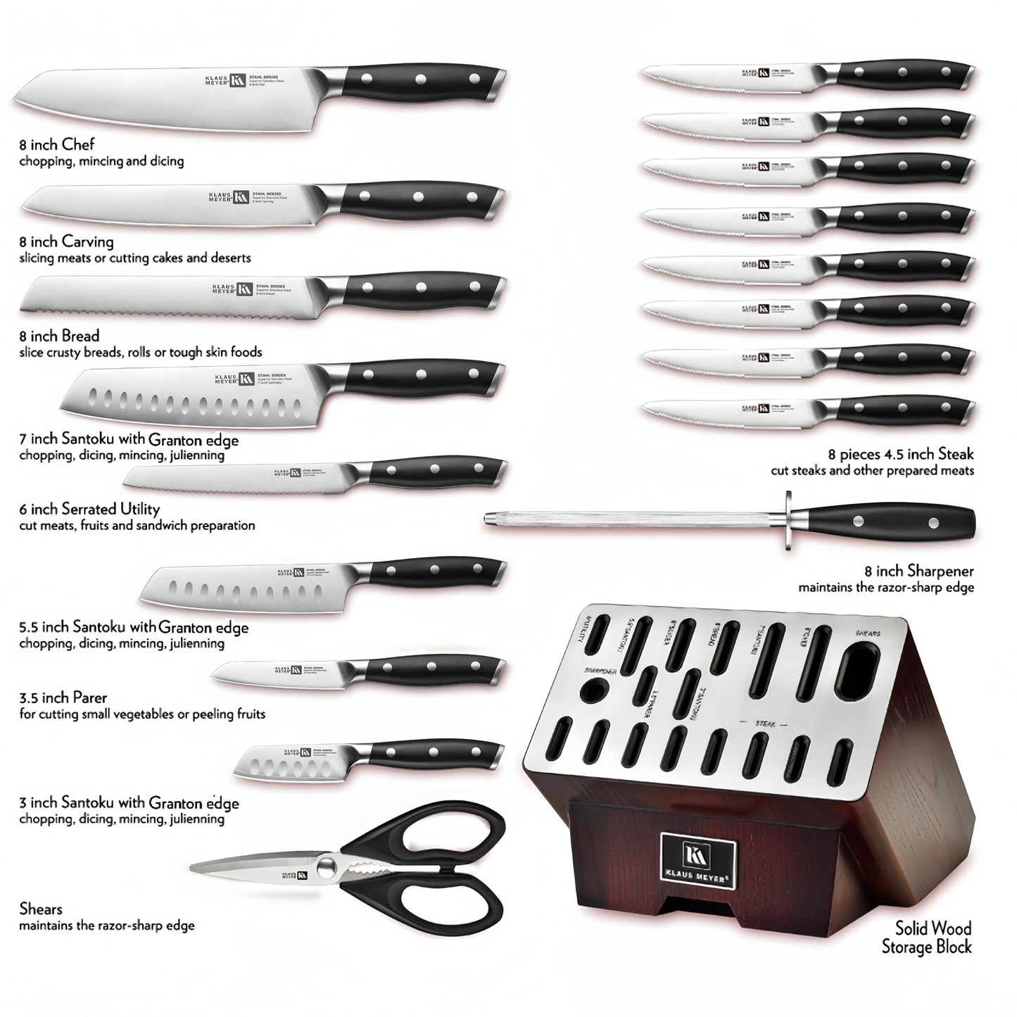 Klaus Meyer Stahl 19 Piece High Carbon Exclusive German Steel Knife Block Set (Black)