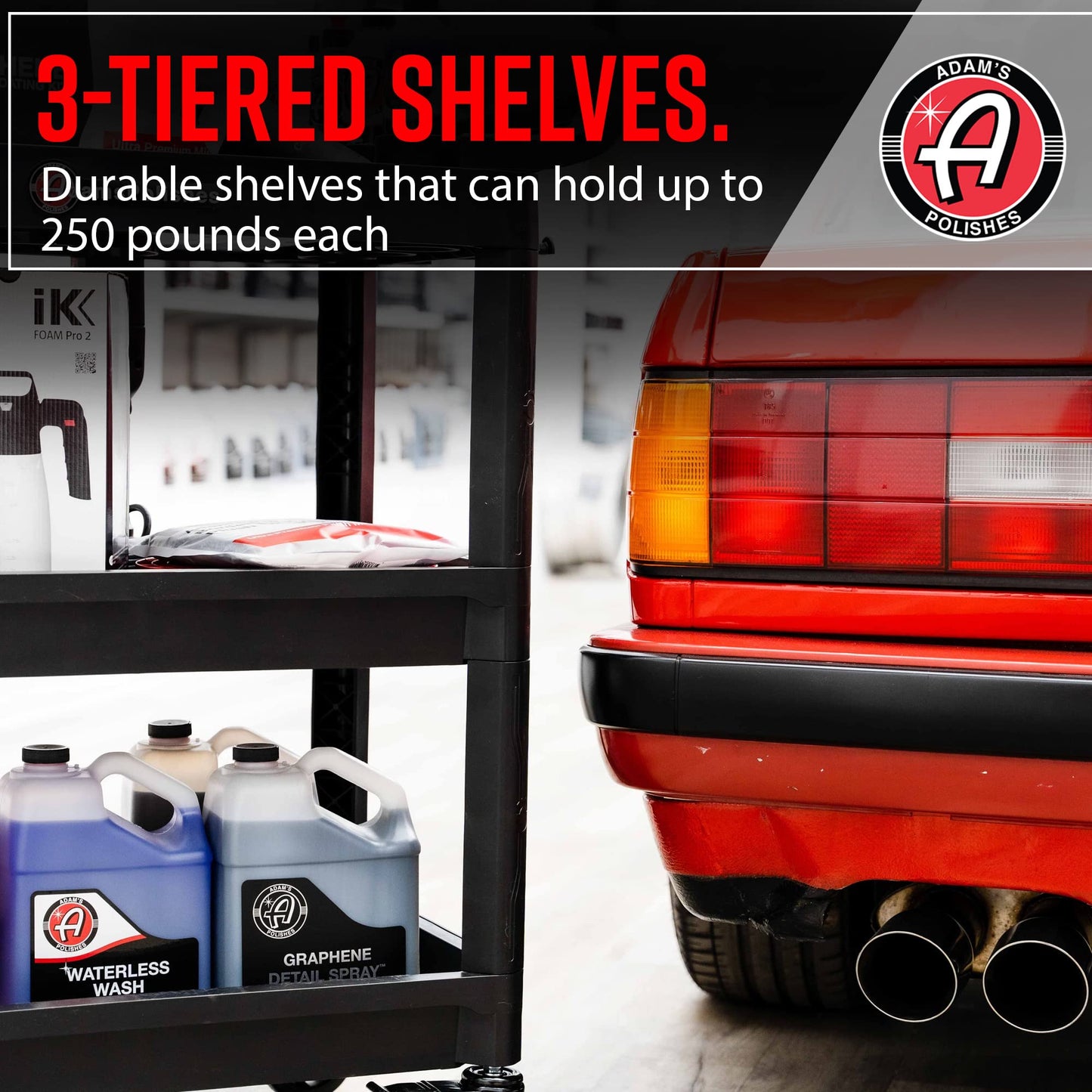 Adam's Polishes Premium Detail Cart - Car Detailing Cart 3-Tiered Shelves 250 Pound Per Shelf Capacity - Heavy Duty Casters Rolling Cart, Features Bottle Holders, Cutouts, & Pegs for Organization