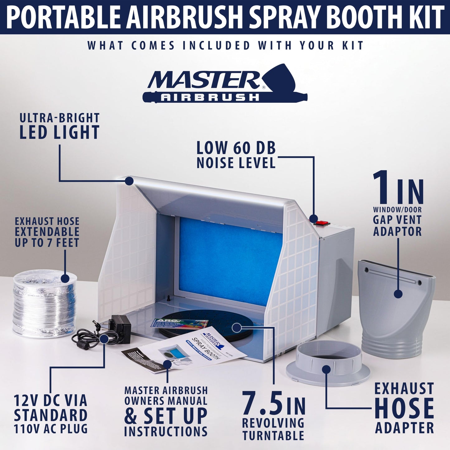 Master Airbrush Portable Airbrush Spray Booth Kit with Exhaust Fan, LED Light, Turntable & Extension Hose - Hobby Airbrush Booth for Painting Projects, Models, RC, Arts, Crafts, Cake, 16.5" x 15"x 13"
