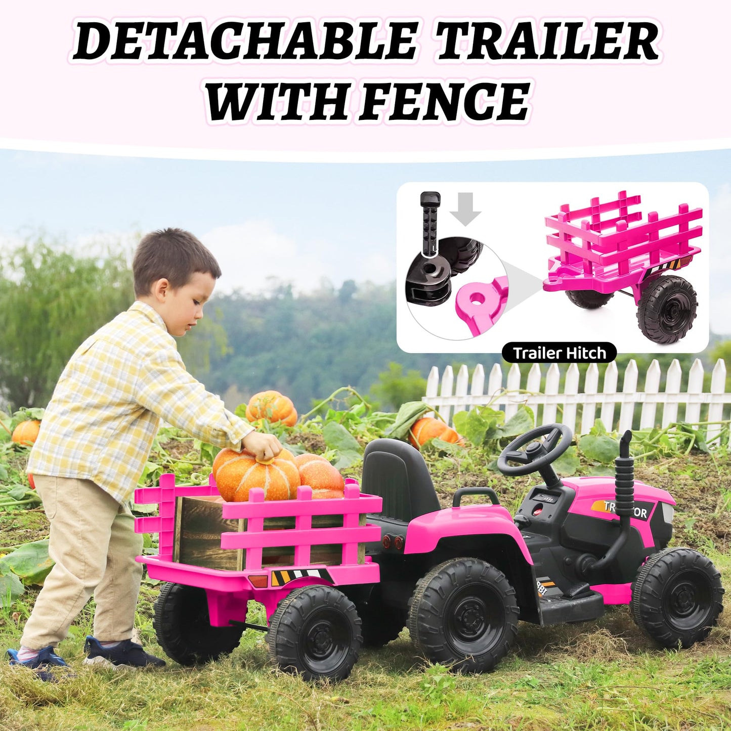 TOBBI Kids Electric Ride On Toy Tractor, Toddlers 12V Battery-Powered Car to Drive, 35W Dual Motor 6-Wheels Trailer Vehicle with 3-Speeds/LED & Horn Functions for Chirdren Aged 3-6-Pink