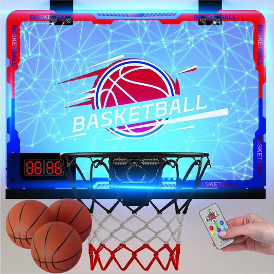 Mini Indoor Basketball Hoop with 7-Color Lights & 3-Light Effects & Scoreboard & Timer,Over The Door Bedroom Office Basketball Hoop for 5-7 8-12+ Year Old Kids Boys Birthday