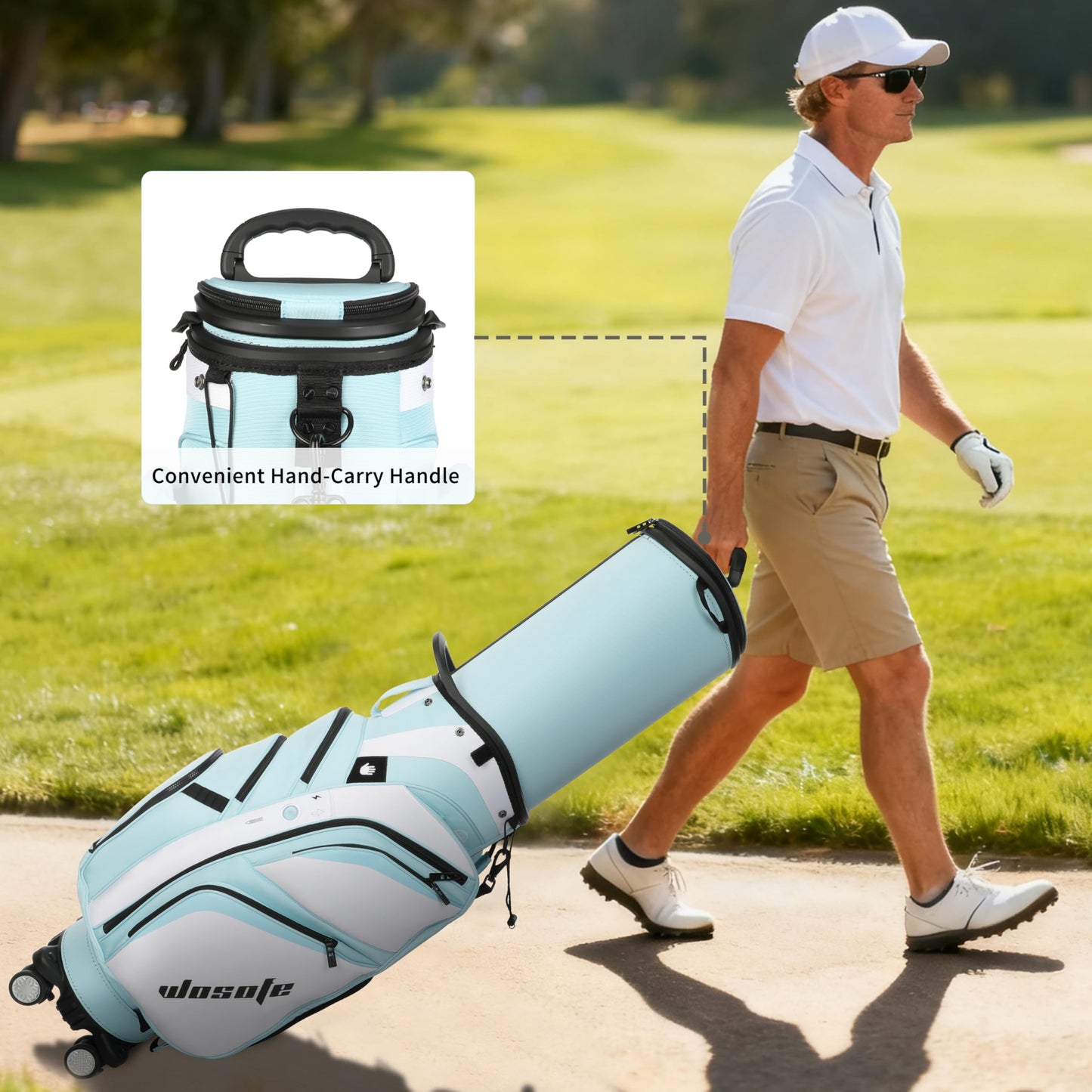 Lightweight Golf Travel Bag with Wheels for Vacation, Retractable Hard Top Club Protector, 14-Way Cart Bag with Insulated Cooler Pocket - Sky Blue & White