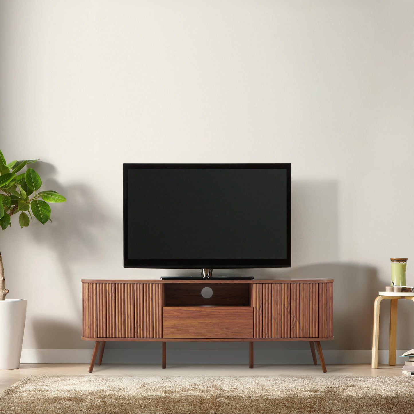 JONATHAN Y TVS1001B Damien 70 in. Farmhouse Curved TV Stand with Drawer and Storage Doors Fits TVs up to 75 in. with Cable Management, Walnut for Living Room, Bedroom, Dining Room