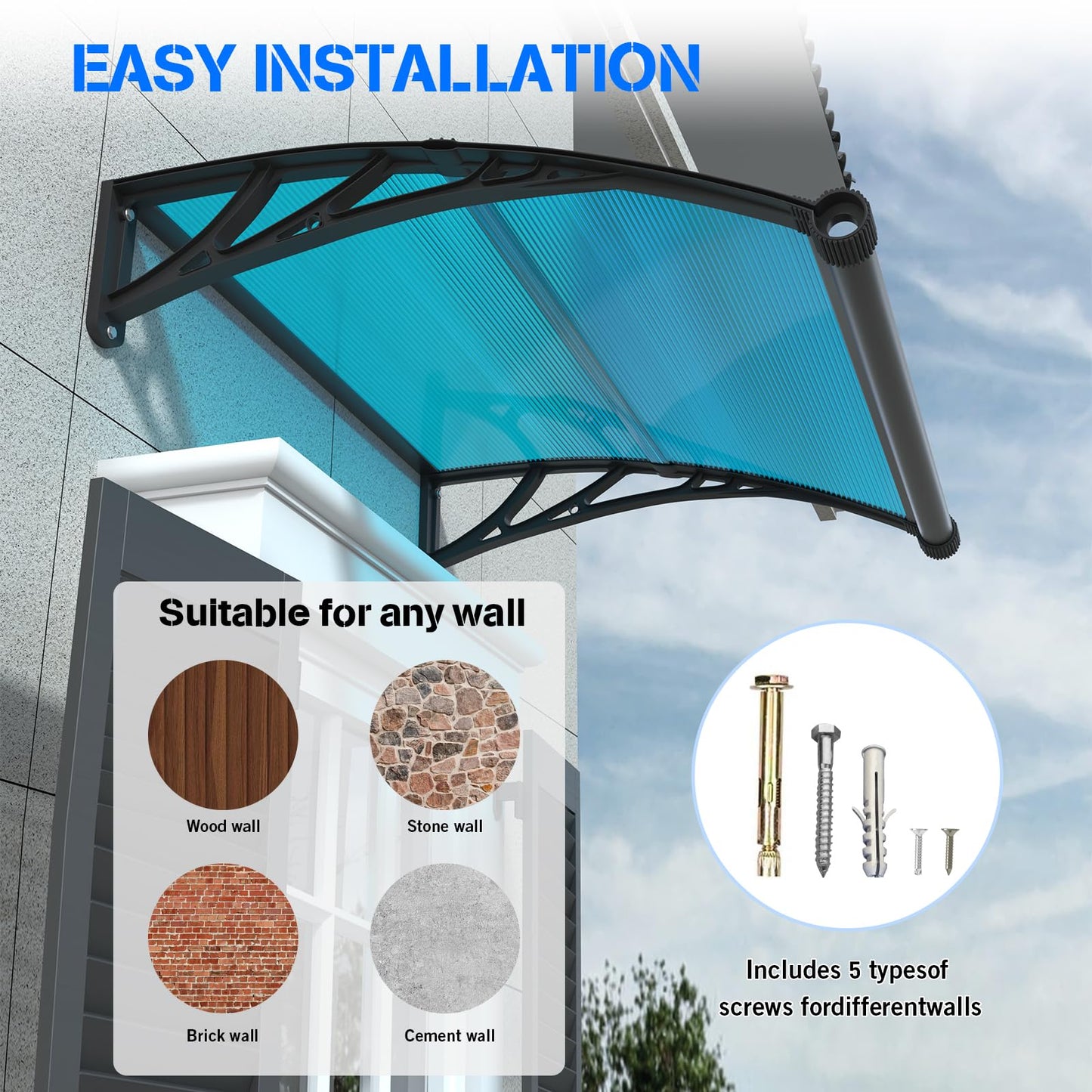 Awning for Door Entrance with Drainage Sink,40x80 Inch Awnings for Doors,Window Canopy Exterior with Plastic Steel Bracket,Polycarbonate Cover,UV,Rain,Snow Protection for House,Porch,Patio,Deck
