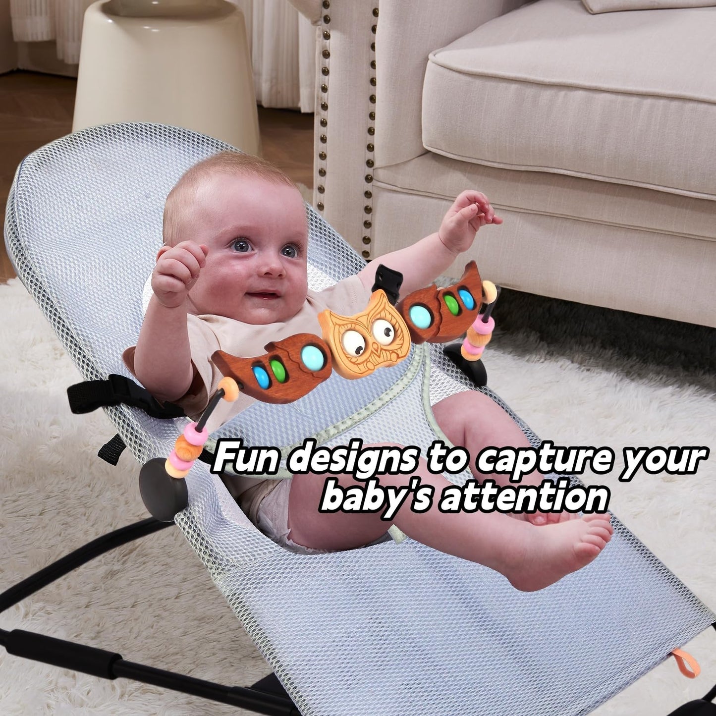 juhg Toy Bar Compatible with Baby Bjorn Bouncer，Baby Bouncer Toy Bar ，Wooden Bouncers Toys Attachment, Fun Owl-Shaped Design for Babies of All Ages to Play