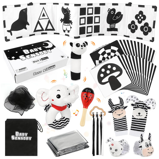 Dreamon 32PCS High Contrast Black and White Baby Sensory Toys, Newborn Tummy Time Toys with Rattle, Soft Book & Flash Cards, Montessori Infant Toys for 0-12 Months Boys Girls Shower Gifts