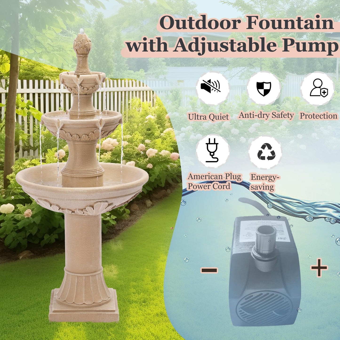 MAGIC UNION Outdoor Garden Water Fountains, 48.4''H Italian Style Fountains and Waterfalls Outside, 3-Tier Large Bubbler Cascading Indoor Floor Water Fountain Features with Pump for Home Yard Decor
