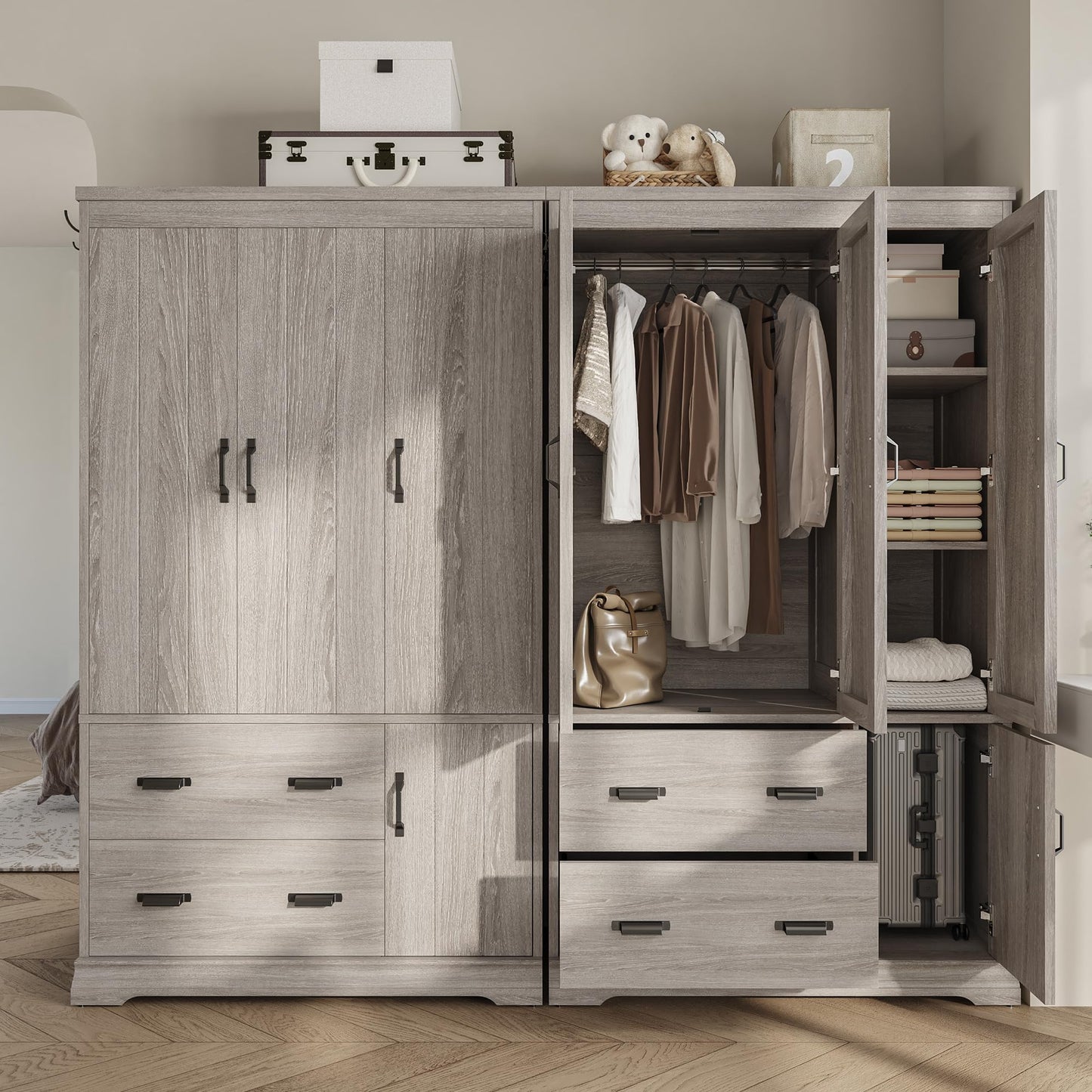 LIKIMIO Wardrobe Closet, 70" Tall 4 Doors Large Wooden Closet with 2 Drawers, 3 Shelves Bedroom Armoire with Hanging Rod, Freestanding Storage Cabinet for Hanging Clothes, Grey