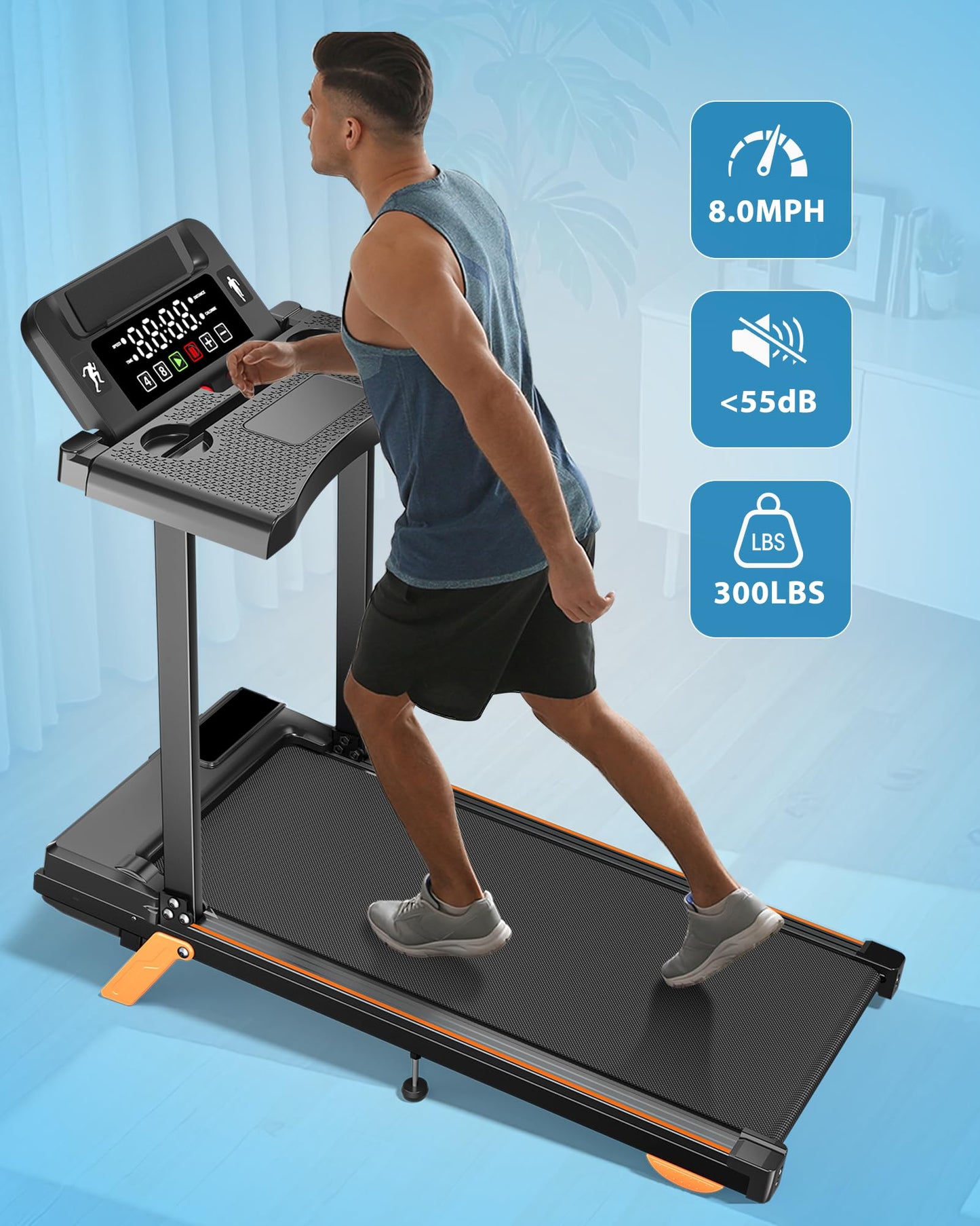 12% Incline Treadmill with Desk Workstation, 8.0MPH/3.5HP Portable Treadmill with Handle, 300LBS Weight Capacity Compact Walking Pads for Home, Small Spaces, Console (with Side Handrail)