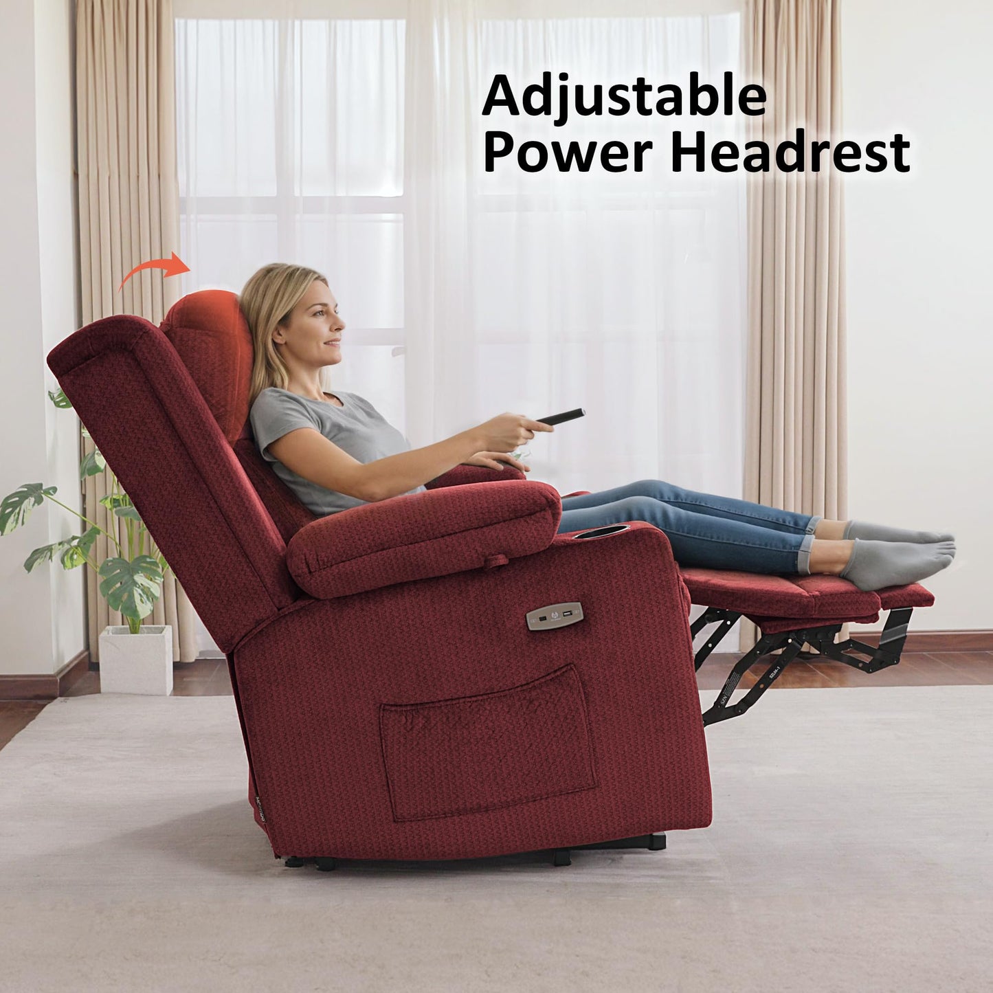 MCombo Large Triple Motor Power Lift Recliner Chair with Massage and Heat for Elderly People, Adjustable Headrest, Infinite Position, USB Ports, Fabric 7662 (Burgundy, Large)