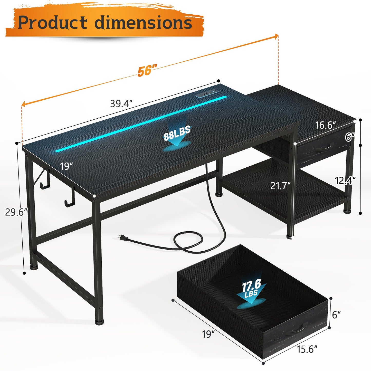 DurayLoly 56 Inch Gaming Desk with Drawers and Shelf,Reversible Computer Desk with LED Lights and Power Outlets,Study Table with Hooks for Headphone,Bags,Black Desk Work Desk for Bedroom,Dorm