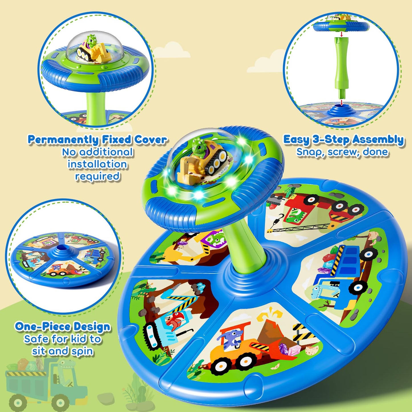 Lehoo Castle Dinosaur Sit and Spin Toys for Toddlers 1-3 Boys Birthday Gift, 360° Toddler Spinning Seat with Lights and Music, Sensory Toys for Boys Age 2-4
