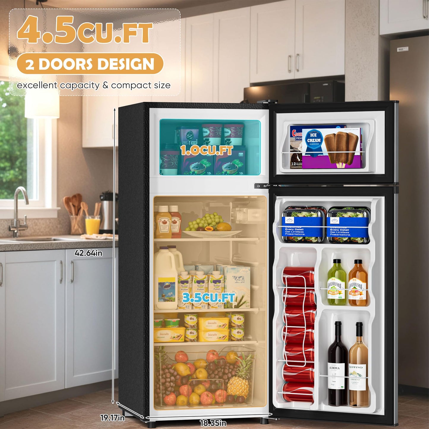 Manastin 4.5 Cu.Ft Mini Fridge with Freezer, Small Fridge with 2 Doors for Office, Kitchen, Dorm and Bedroom, Mini Refrigerator with Adjustable Shelves (Silver)