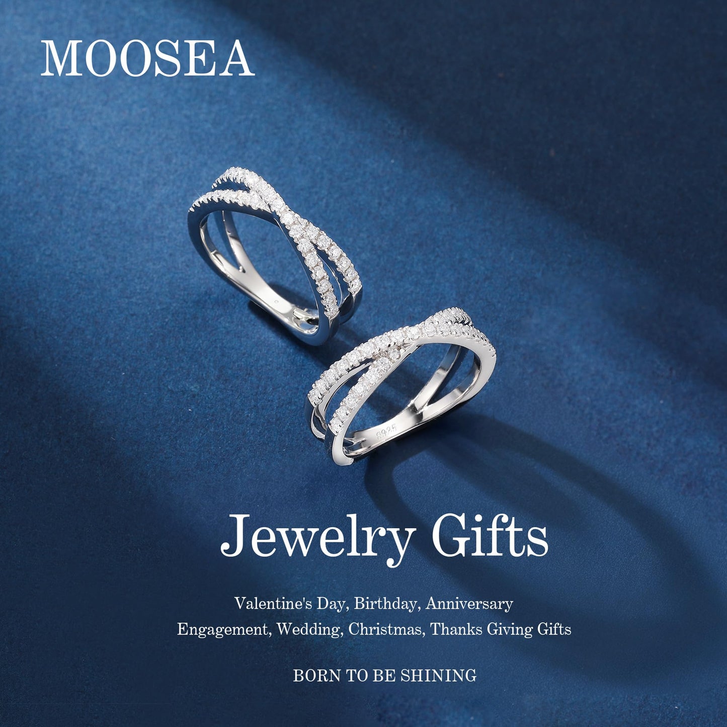 MOOSEA Moissanite Wedding Bands for Women, 14K White Gold Plated Moissanite Necklaces for Women Silver Pendant Necklace Cross Ring Anniversary Jewelry Gifts