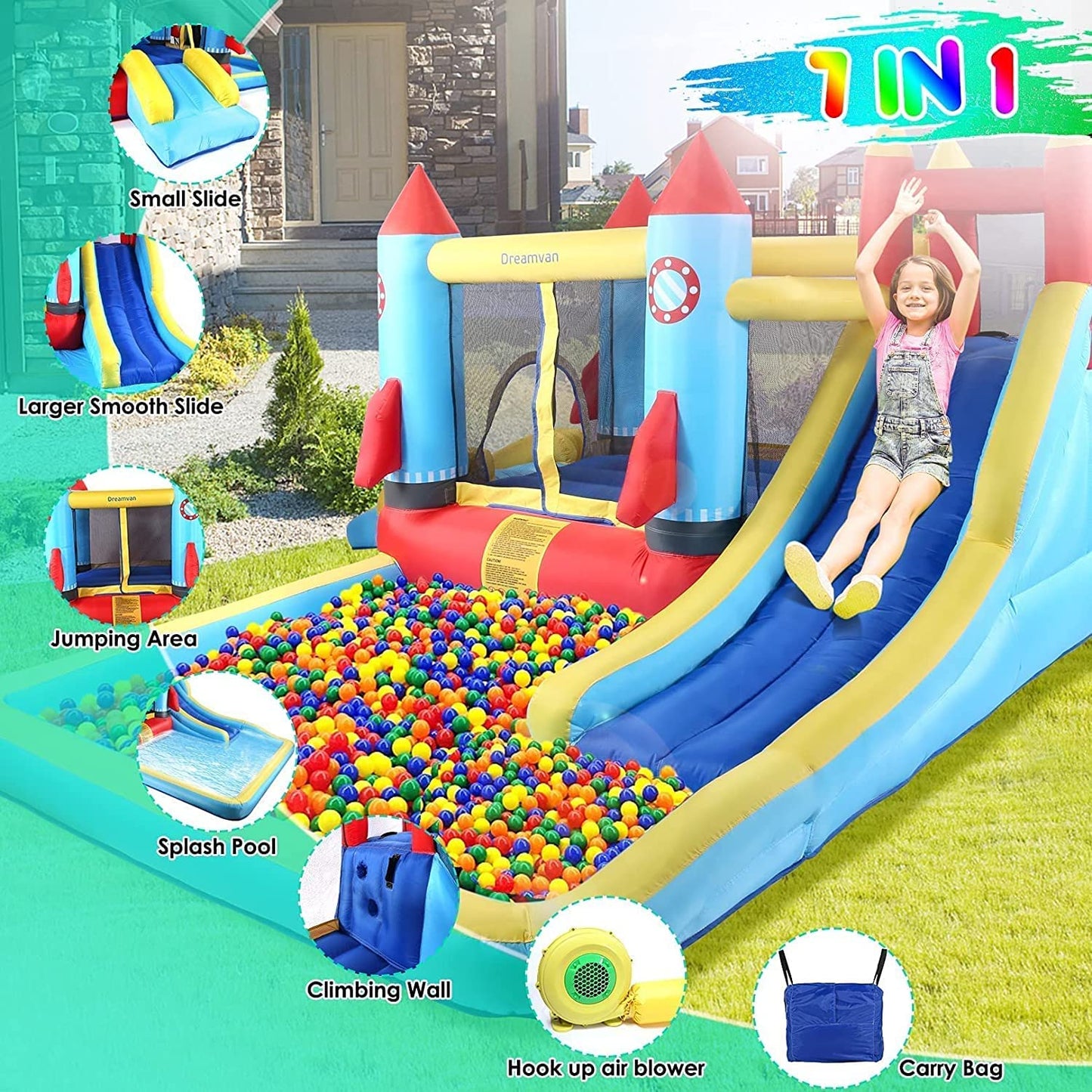 Inflatable Bounce House for Kids 146 x 132 x 82 inch, Indoor/Outdoor Bouncy House with Large Splashing Pool, Bouncing Area, 2 Water Slides,Climbing Wall, UL Certified Blower Included1