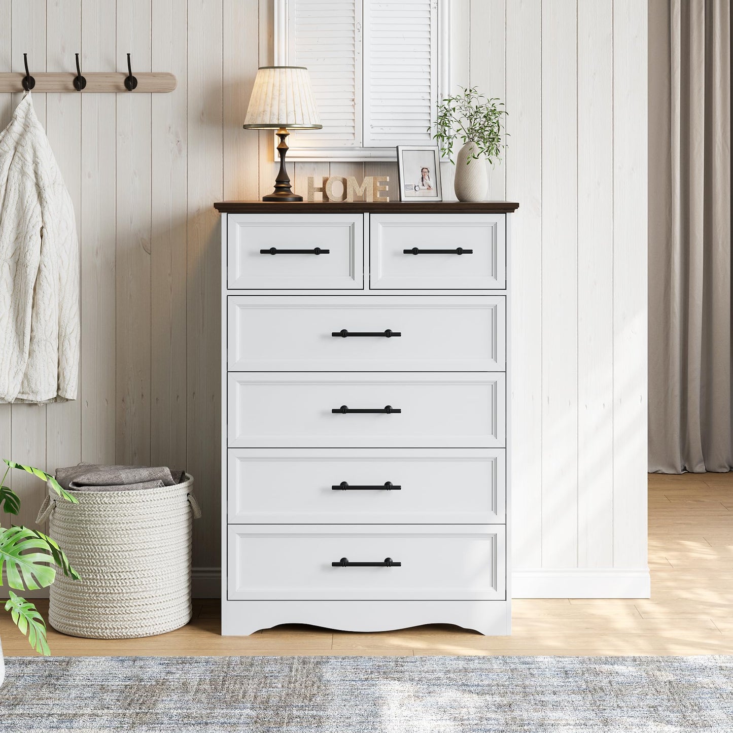 YANSNWO White Dresser for Bedroom, Farmhouse 6 Chest of Drawers, Modern 44" Tall Chest of Drawers with Brushed Metal Handle, Wood Closet Organizers and Storage Cabinet for Bedroom, Living Room