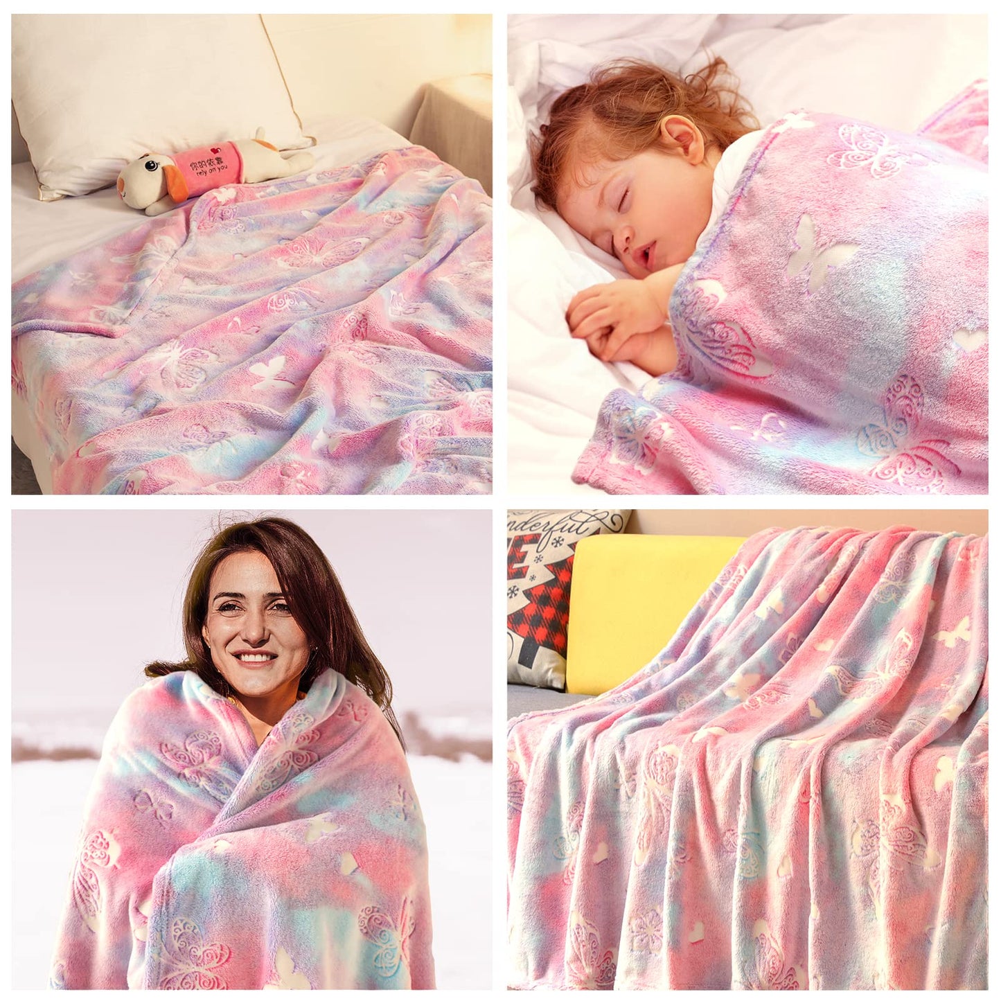 Anowpo Glow in The Dark Blanket Butterfly Gifts for Girls, Soft Blanket 3 4 5 6 7 8 9 10 11 12 Year Old Girl Gifts, Toddler Girls Toys Age 6-8,Grandkids Teens for Christmas Birthday Gifts, 50x60