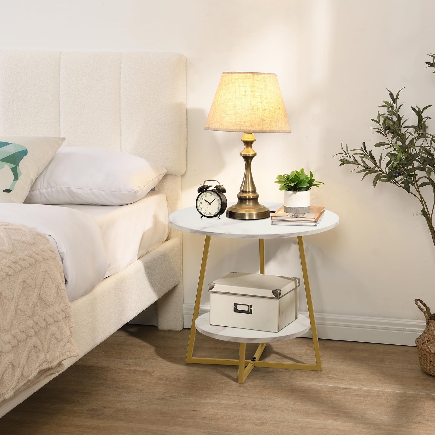 D&H FURNIMMT 20" Living Room Side Table for Small Spaces, 2 Tier Wood Top Round End Tables with Storage Shelf, Accent Sofa Table for Bedroom, Office, Sunroom, Balcony, White Faux Marble/Gold