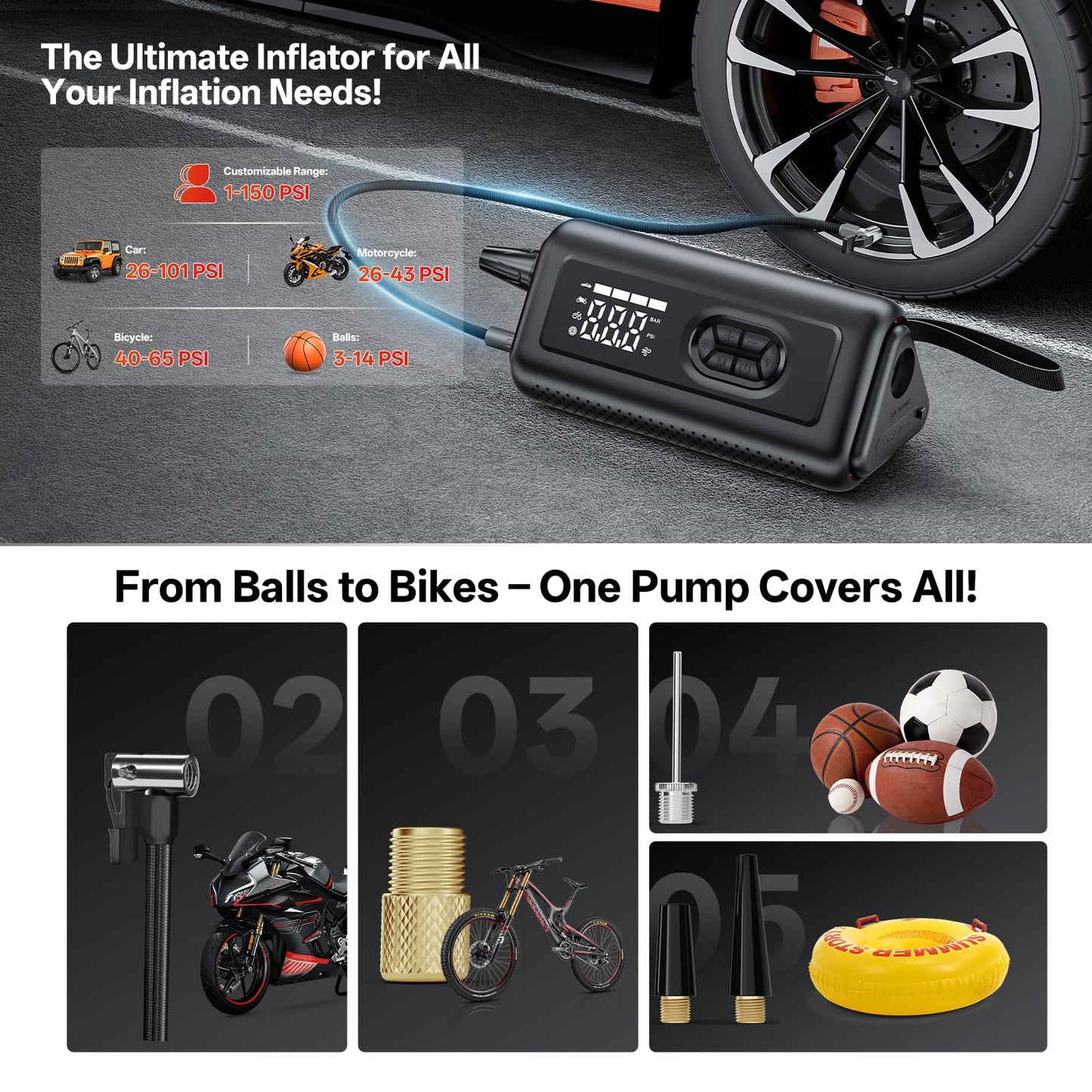 Tire Inflator Portable Air Compressor with Electric Air Duster and Car Jump Starter: 150PSI Cordless Bike Pump - 130000RPM - 1000A up to 6.0L Gas and 3.0L Diesel Engine for Cars, Outdoor, Home