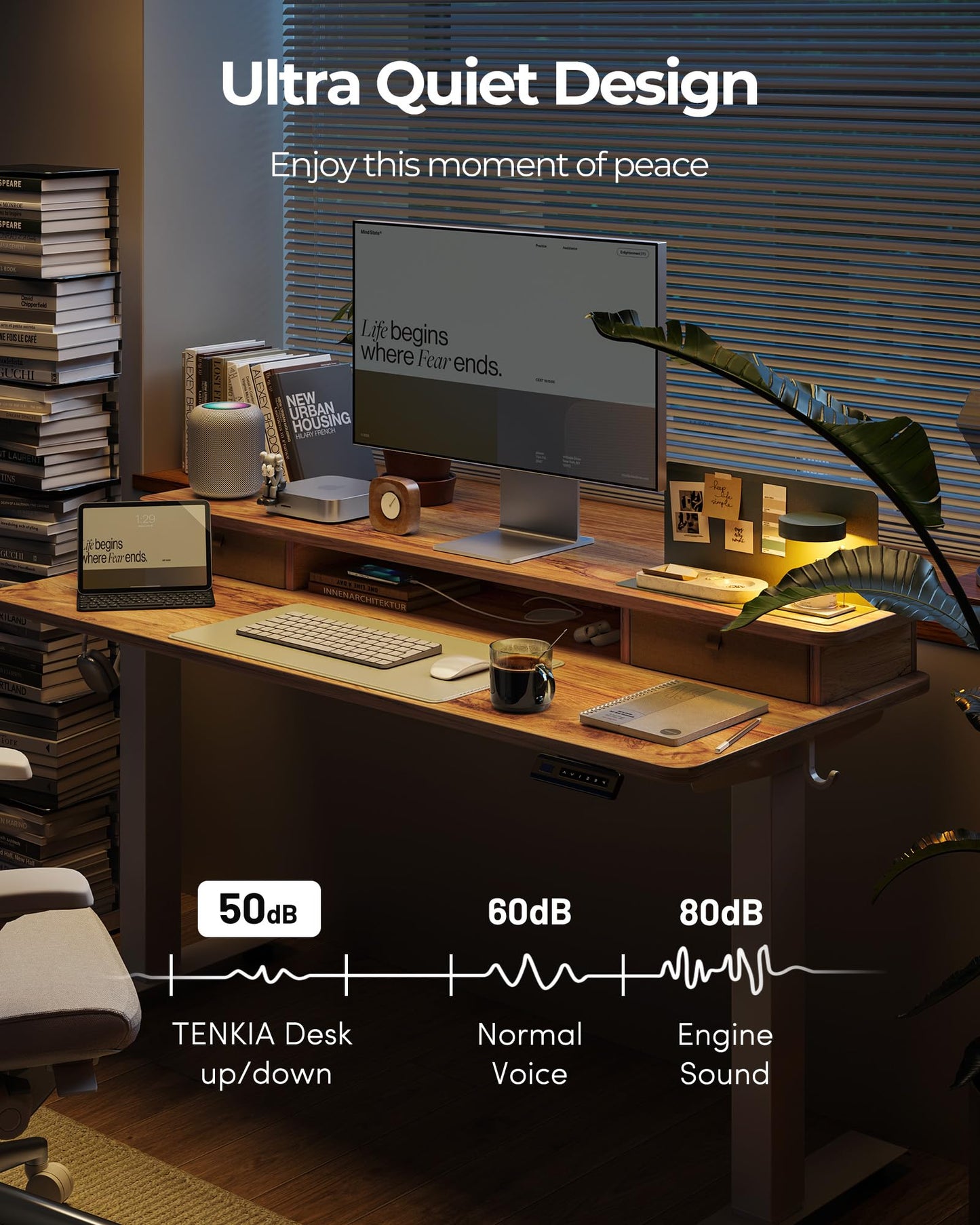 TENKIA 48x24 Inch Electric Standing Desk with Double Drawers, Adjustable Feet & Hooks, Ergonomic Home Office Workstation, Light Rustic