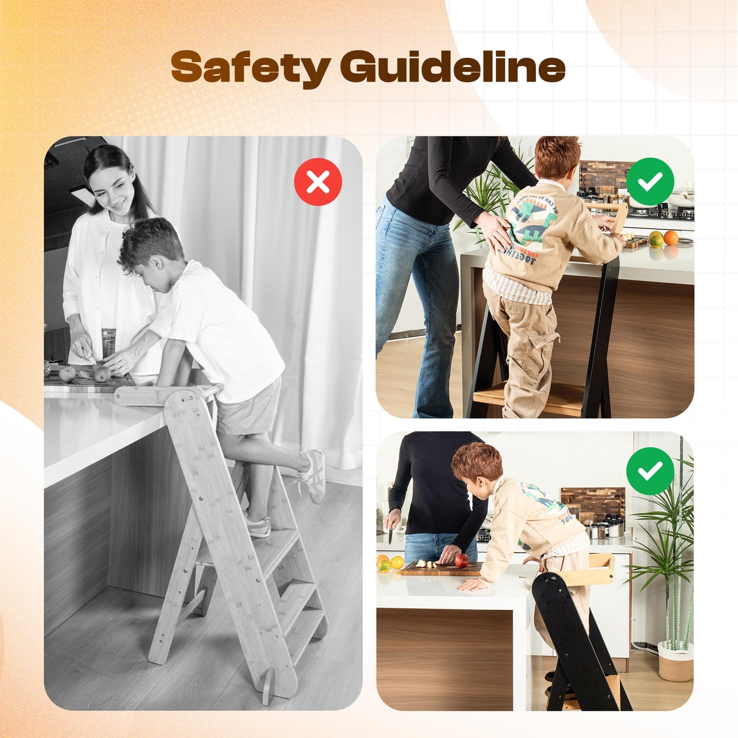 Adjustable Folding Toddler Tower, 3 Level Height Adjustable, Montessori Learning Stool, Kids Standing Tower for Kitchen and Bathroom.