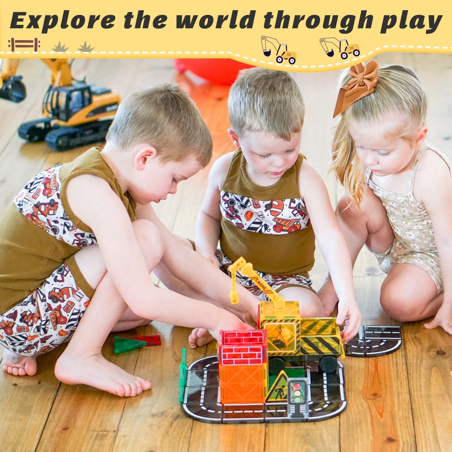 Coodoo Kids Games Magnetic Tiles Road Set with Extendable Magnetic Crane, City Construction Building Toys for Toddlers STEM Preschool Ages 4-6 5-7, Gifts for 3+ Year Old Boys Girls Kids Toys with Car