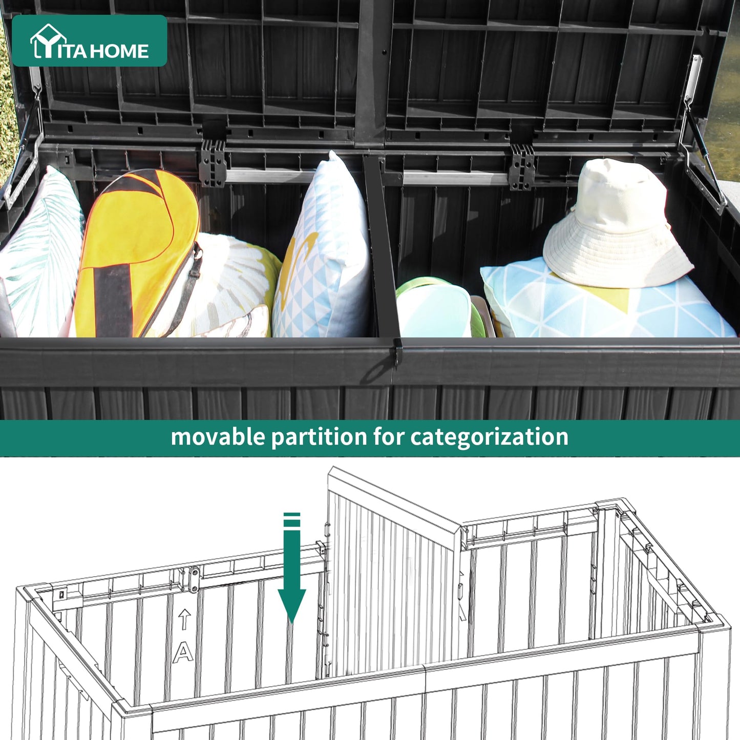 YITAHOME 150 Gallon Large Outdoor Storage XL Deck Box w/Divider for Patio Furniture,Outdoor Cushions, Garden Tools, Sports Equipment and Pool Supplies, Waterproof, Resin, Lockable, Black