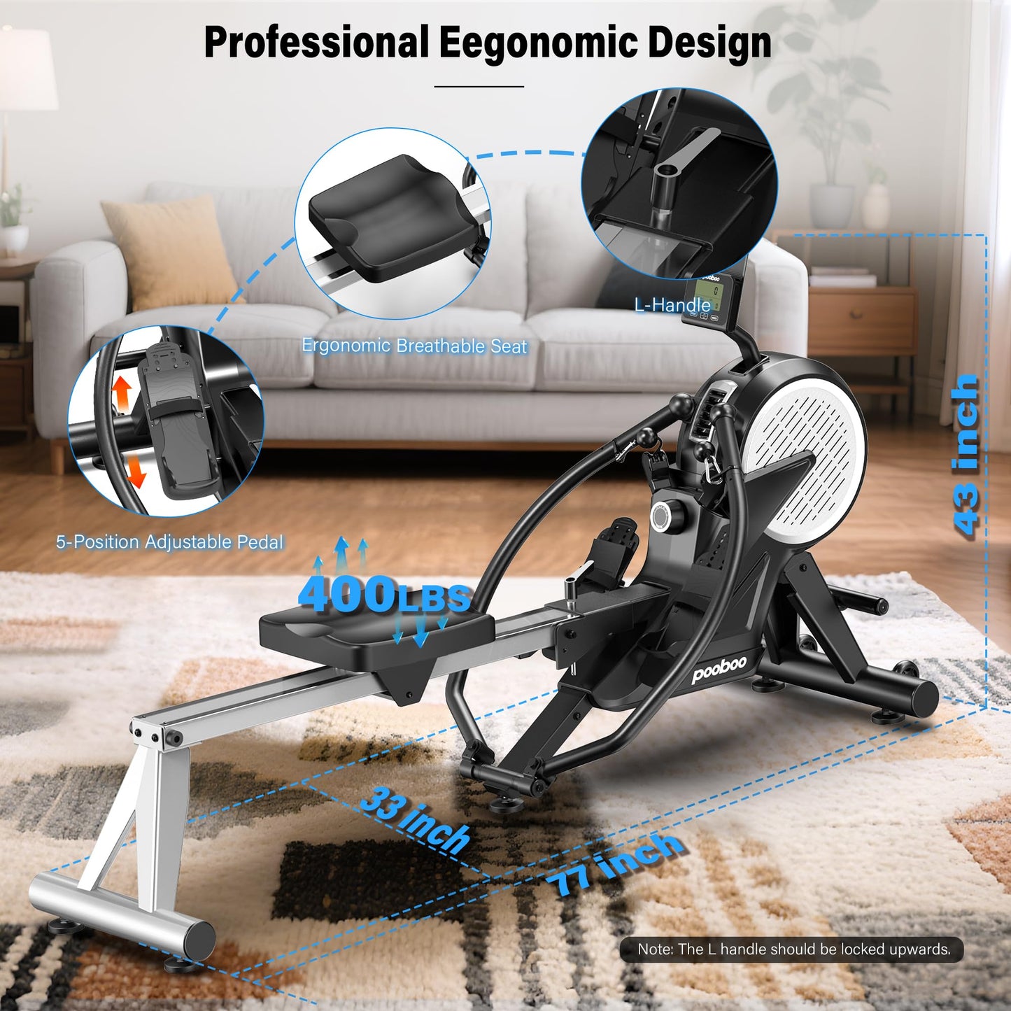 pooboo Rowing Machines for Home, Dual Wind & Magnetic Resistance, Foldable Row Machine 400 LB Weight Capacity, 14 Levels Resistance Quiet Rowers for at Home Exercise, App Supported (Black)