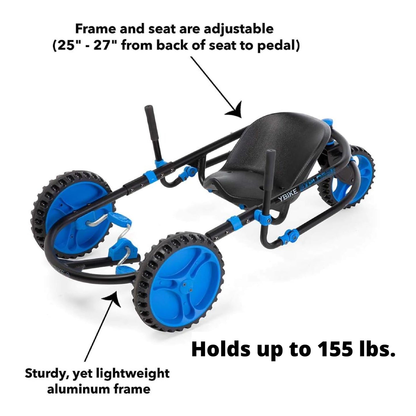 YBIKE Explorer Pedal Car - 3-Wheel Go Kart for Kids, Ride On Toys for Girls and Boys, Ages 4 & Up, Steer with Handles, Adjustable Frame & Seat, Up to 155 lbs, Blue & Black