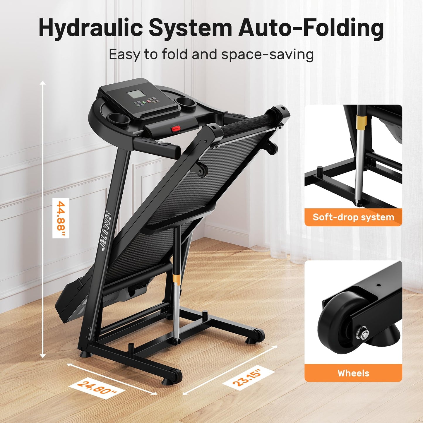 JELENS Treadmill for Home with 0-15% Auto Incline, Foldable Walking Pad Treadmill with 330LBS Weight Capacity and Pulse Sensors, 3.0HP Quiet Walking Pad with App and LCD Display (Black)