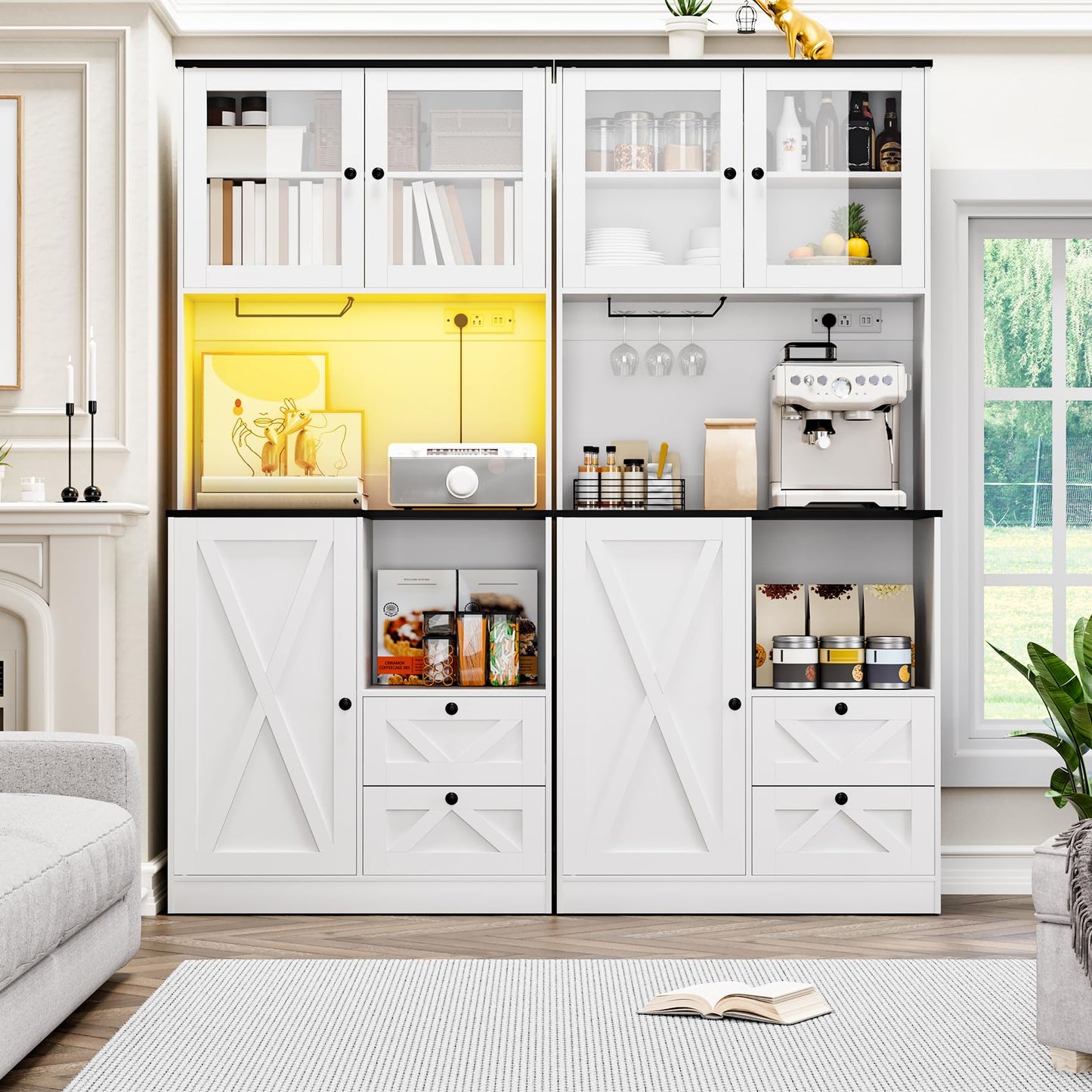 Frmobepts 71‘’Kitchen Pantry Storage Cabinet with LED Lights and Power Outlet, Tall Farmhouse Kitchen Hutch with Microwave Stand,Globet Hooks and Adjustable Shelf for Dining Living Room,White