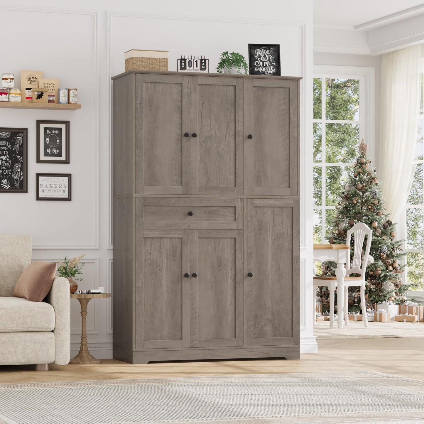 HOSTACK 68" Tall Kitchen Pantry Storage Cabinet, Modern Kitchen Hutch Cabinet with Doors and Shelves, Freestanding Food Pantry with Large Storage Drawer for Dining Room, Living Room, Ash Gray