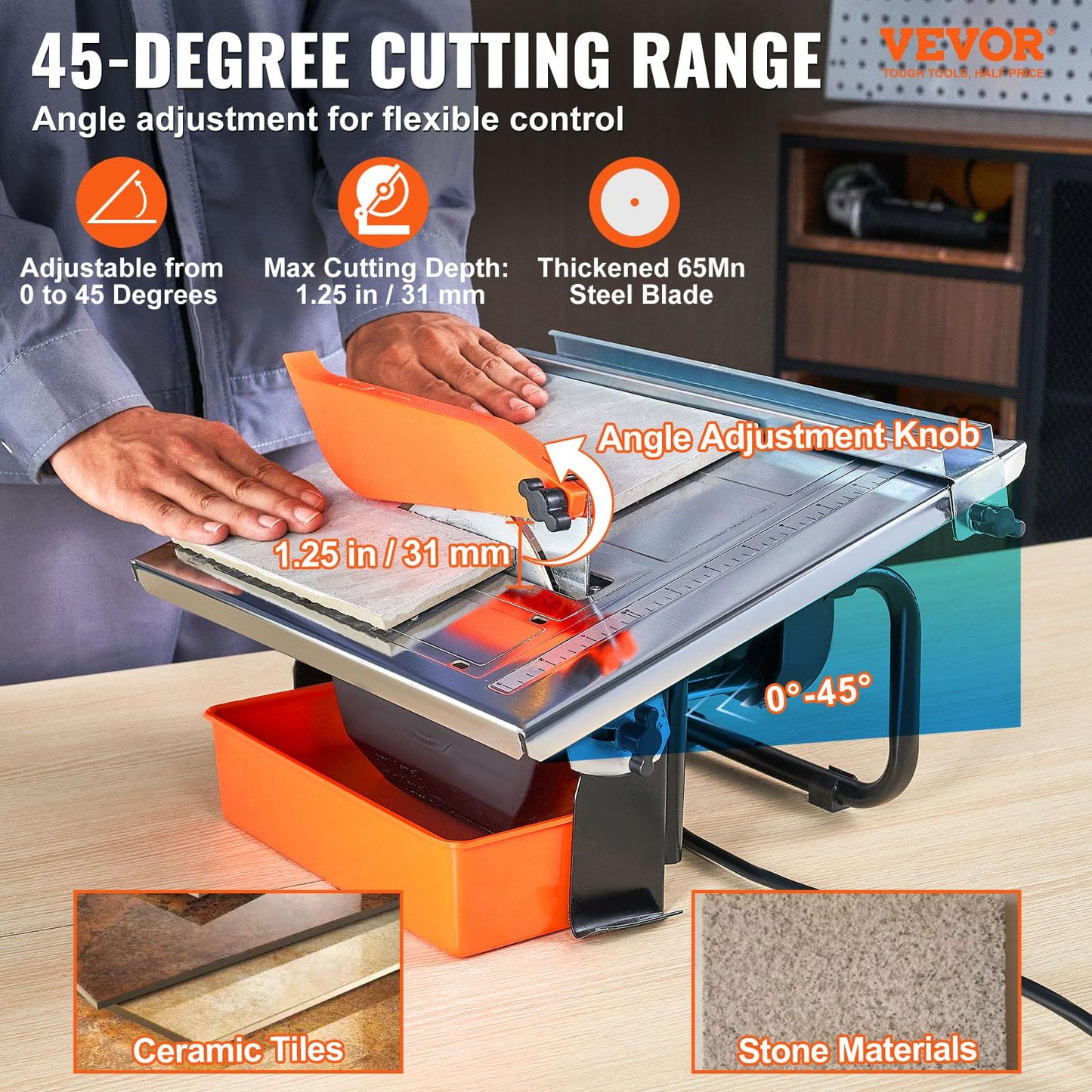 VEVOR 7-inch 65Mn Steel Blade, Wet Tile Saw, 3500 RPM Induction Motor, Tile Cutter Wet Saw with Water Reservoir, 0-45 Degrees Miter Angle for Cutting Tiles and Stones, for DIY Enthusiasts