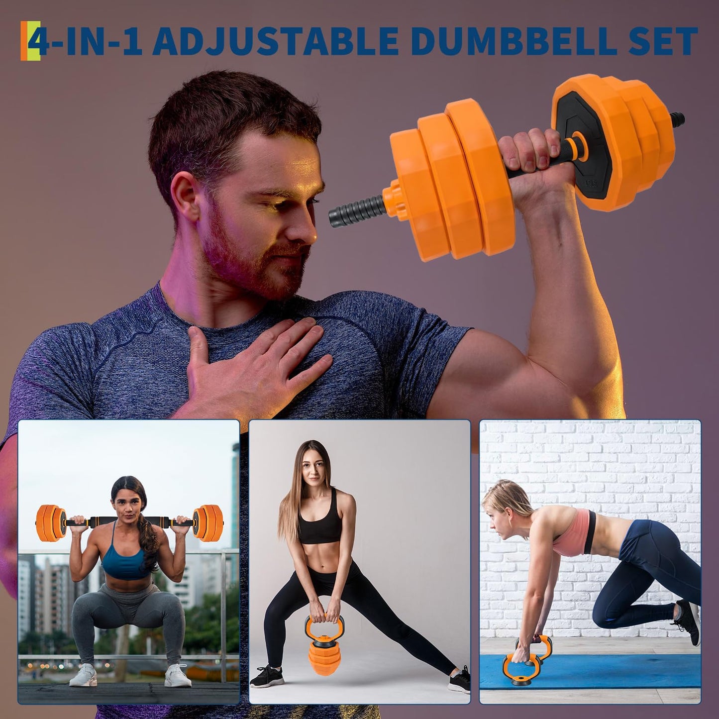 4-In-1 Adjustable Dumbbell Set (44/66/88LB) - Convertible to Barbell, Kettlebell & Push Up Stands, Home Gym Equipment for Men & Women, Space Saving Weights with PVC Coating,88 LBS