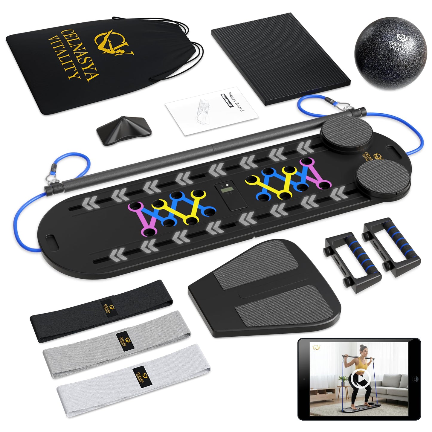 Pilates Reformer Board, 7-in-1 Foldable Pilates Board Kit with Timer, Guided Home Workouts w Resistance Bands & Ball - At Home Pilate Reformer AB Core Machine, Exercise Fitness Slider Equipment
