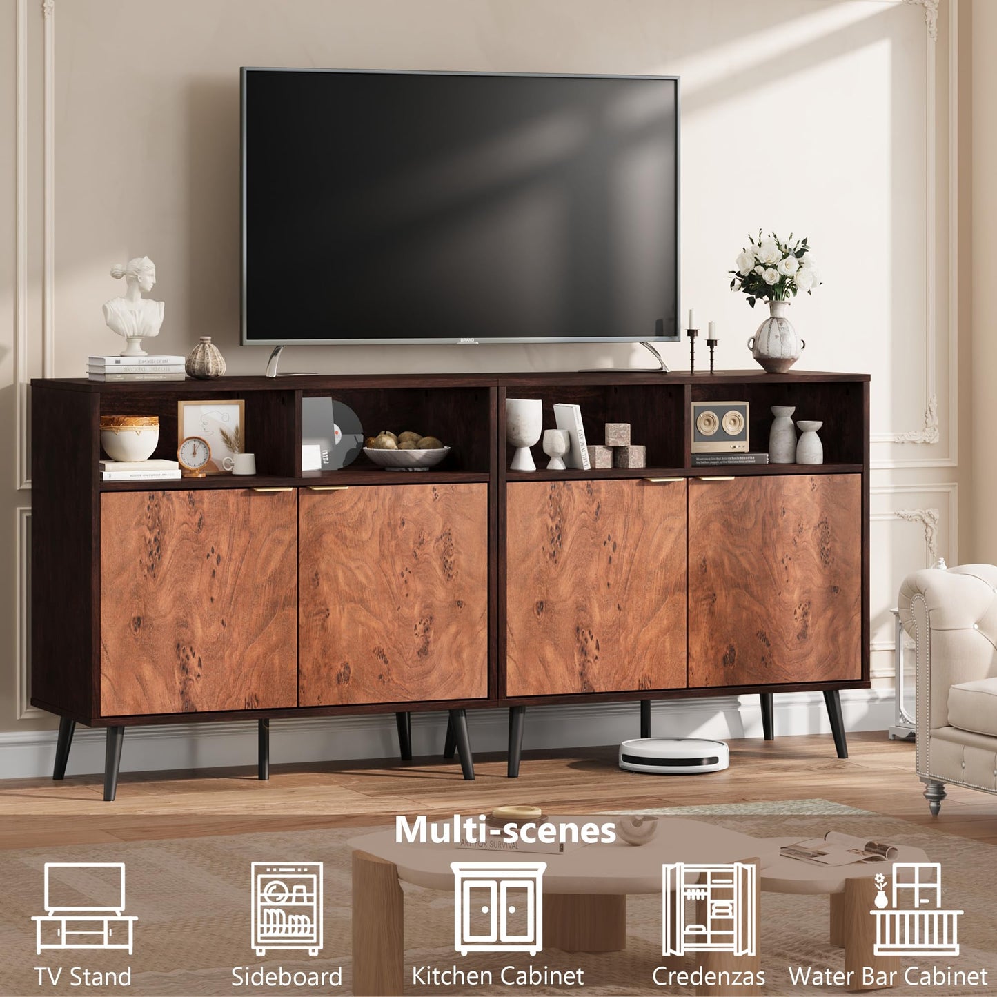 GarveeHome Buffet Cabinet with Drawers and Storage, 31.5 in Large Sideboard Buffet Credenza Storage Cabinet with Shelves and Doors, Walnut Buffet Cabinet for Dining Room, Entryway, Living Room
