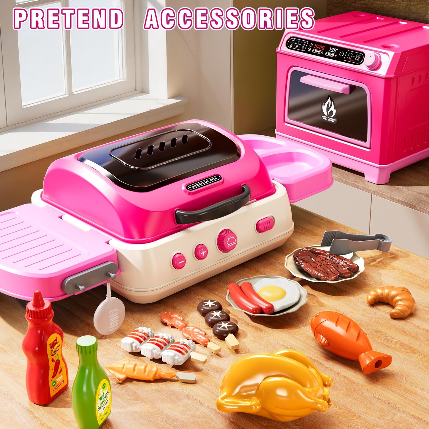 KIZONLY Kids BBQ Grill Playset Toy, 2-Layer Play Kitchen Toddlers Toys with Oven and Smoke, Cooking Toys for Kids Ages 4-8, Light and Sound, Barbecue Outdoor Grill Play Gift Toy for Toddler Girls 3-5