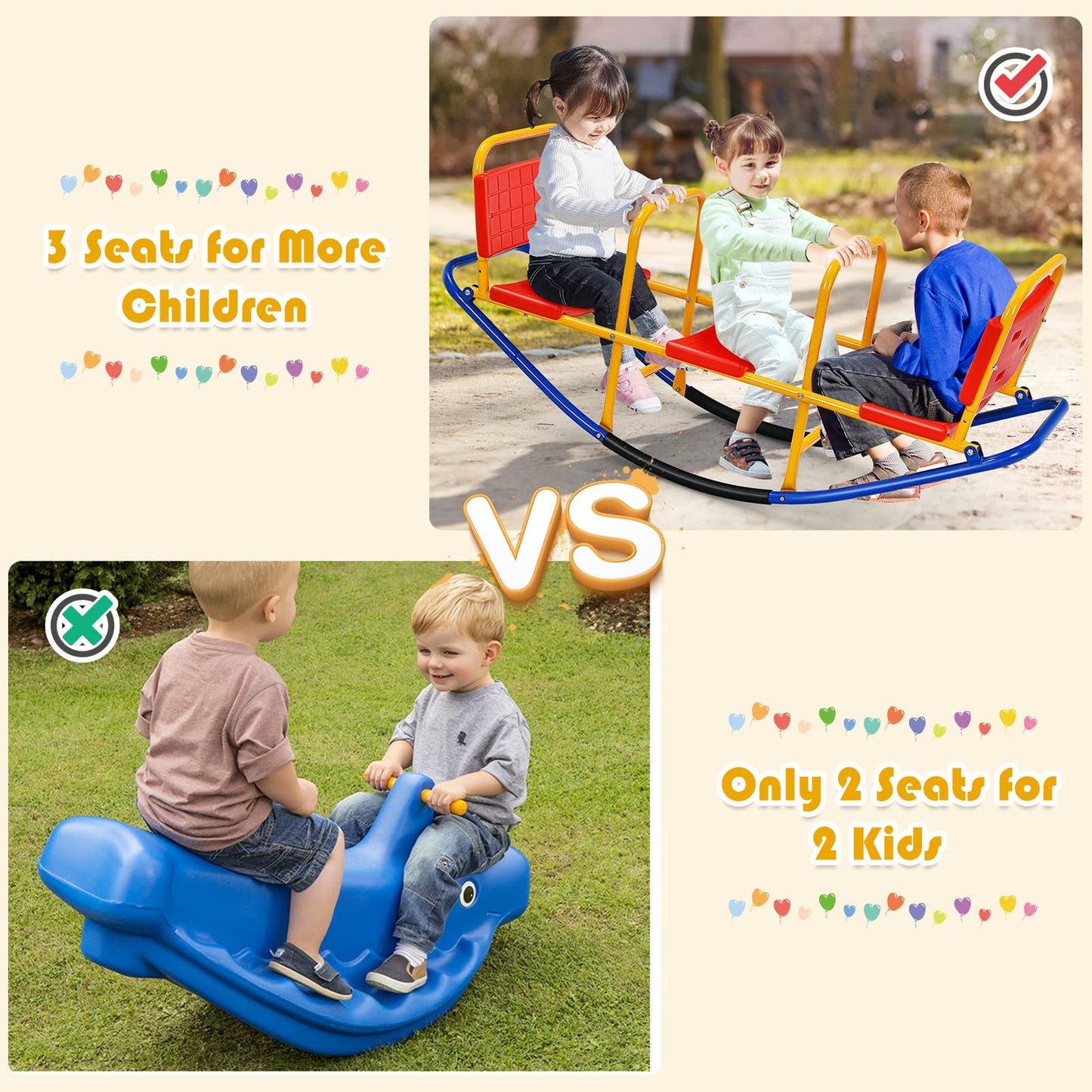 Costzon Teeter Totter Seesaw for Kids Outdoor, 2 in 1 Metal Rocking Seesaw for Toddlers with Easy-Grip Handles, Indoor Outdoor Rocker Toy Gifts for Ages 2-5, 1-3 Person Home Preschool Backyard See Saw