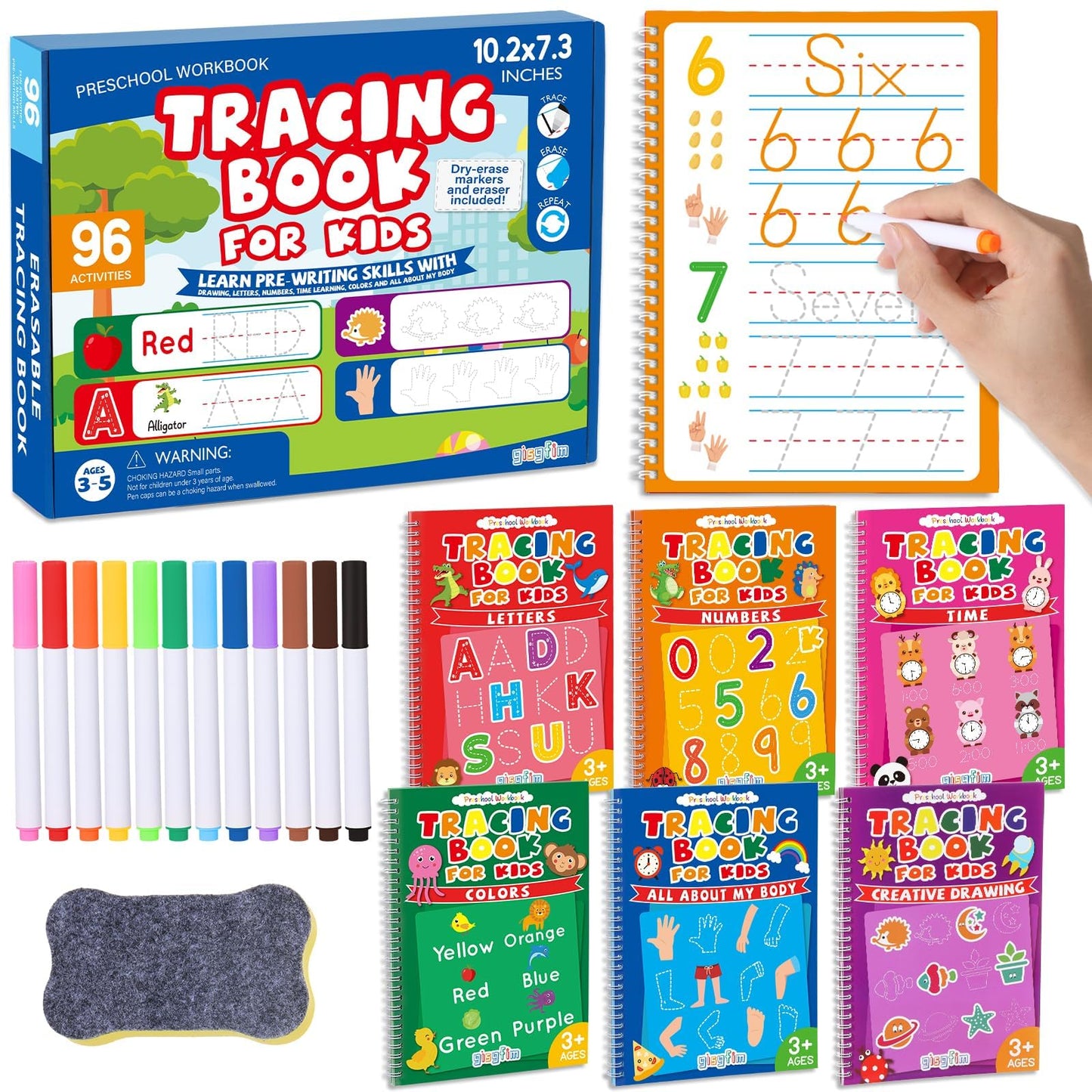 gisgfim Preschool Learning Activities 96 Pages Tracing Books for Kids Ages 3-5 Kindergarten Workbooks Dry Erase Autism Learning Workbook Writing Practice for Kids Letter Tracing Pre K Busy Book 6 Pads
