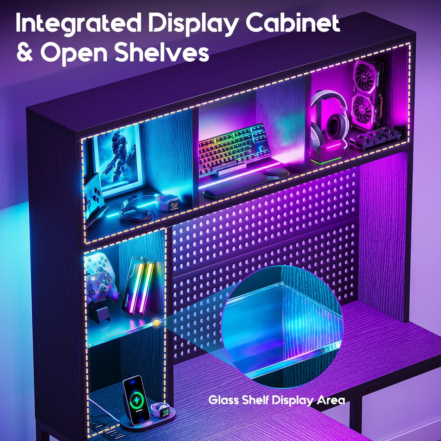 AODK 63" L Shaped Gaming Desk with Hutch, Storage & Shelves, L Shaped Desk with 4 Drawers, Inserted LED Light Strip & Power Outlets, Computer Desk with Pegboard for Entertainment, Office Desk, Black