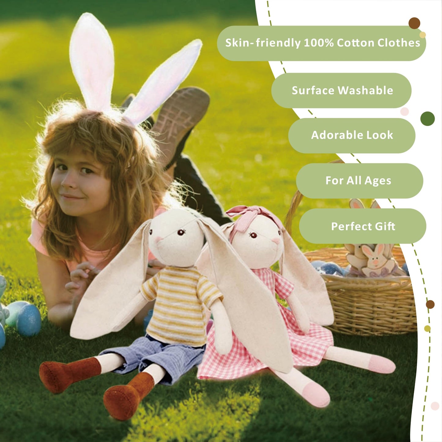 Mikee Fluffie 15" Bunny Stuffed Animals for Baby, Plush Toy Doll -Wearing Striped T-Shirt and Pants,Cute Doll Set Dress Up for 3 4 5 Year Old Girl - Gift for Birthday