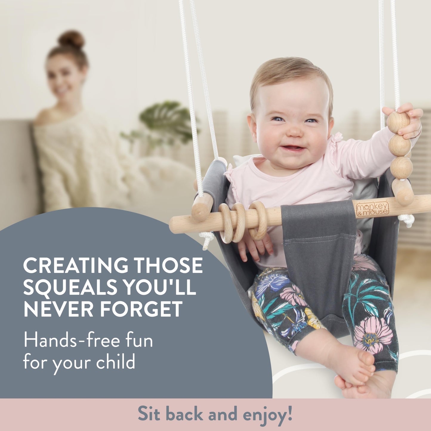 Monkey & Mouse Baby Swing, Pale Pink Indoor Outdoor Portable Hanging Chair - Infant & Toddler Kids 6 Months - 4 Years, Cotton Canvas & Beech Wood Frame, Sensory Hammock Boy & Girl Seat w/Wooden Toys